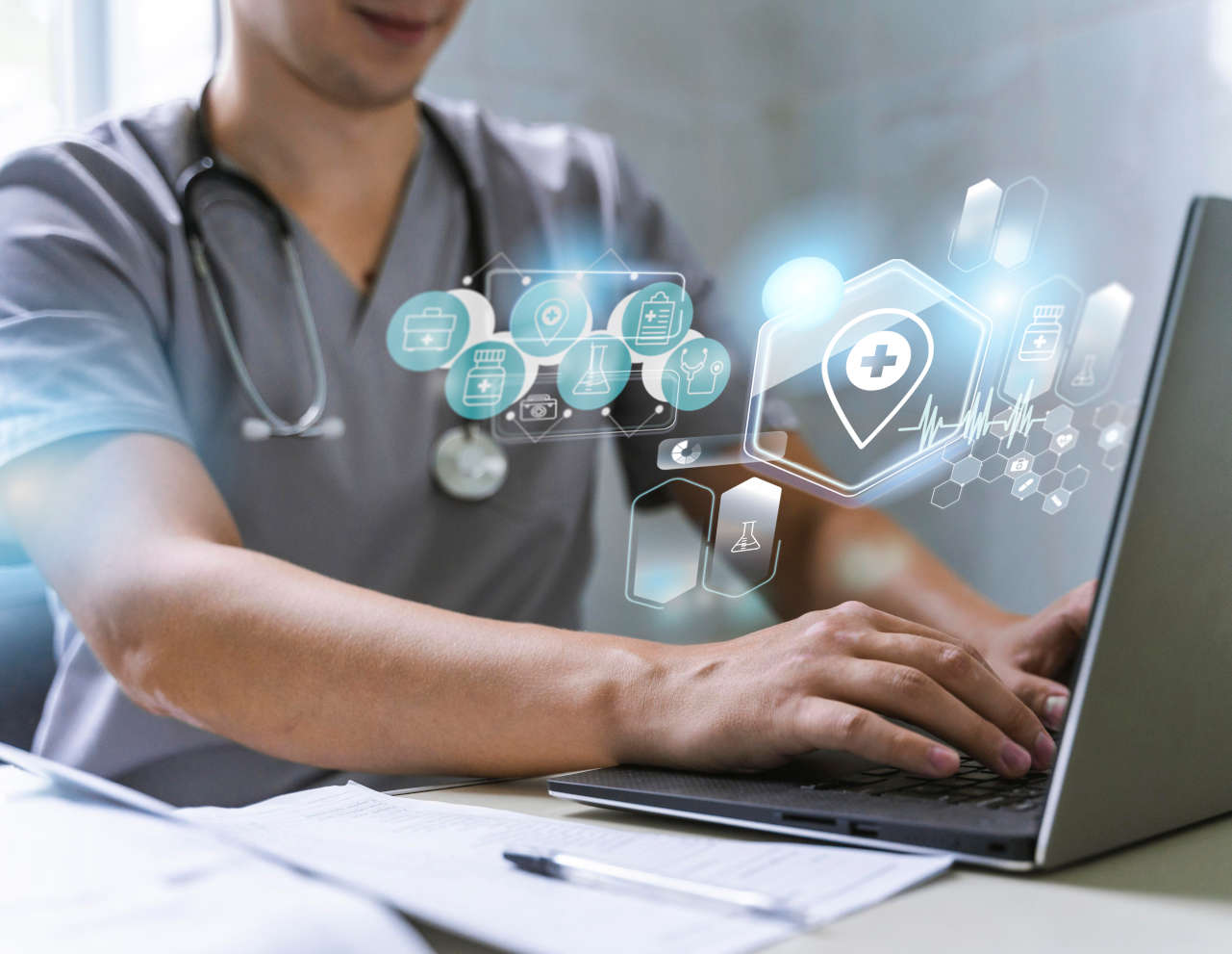 alt=ByteUnited's EMR solution enhances healthcare with user-friendly interfaces, efficient data exchange, and AI-enhanced decision-making, ensuring secure data storage and supporting remote consultations.
